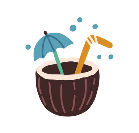 Fresh tropical cocktail in coconut half. Refreshing beach drink decorated with umbrella and straw. Colored flat vector illustration isolated on white backgroundのイラスト素材