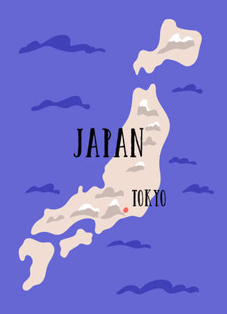 Map of Japan with main Japanese islands Hokkaido, Honshu, Kyushu and Shikoku. Designations of capital city Tokyo, mountains and land surrounded by sea and ocean. Colored flat vector illustrationのイラスト素材
