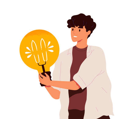 Man holding giant light bulb as symbol of creative ideas generation, and solutions and answers finding. Concept of insight. Colored flat textured vector illustration isolated on white backgroundのイラスト素材