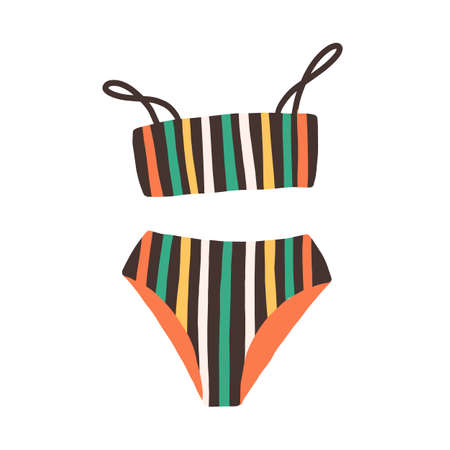 Bright stylish female swimsuit with high-waste panties and wireless bra. Fashionable striped swimwear. Retro bikini top and bottom. Flat colorful vector illustration isolated on white backgroundのイラスト素材