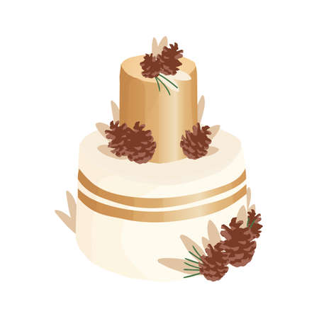 Wedding or birthday dessert decorated with pine cones and needles. Festive two-tiered vanilla cake with golden frosting. Colored vector illustration isolated on white backgroundのイラスト素材