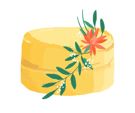 Wedding or birthday dessert decorated with flower and leaves. Festive layered lemon cake topped with yellow mirror glaze. Colorful vector illustration isolated on white backgroundのイラスト素材