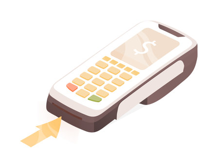Modern mobile POS terminal isolated on white background. Bank machine for cashless payment. Visual instruction of paying by card. Colored flat vector illustrationのイラスト素材