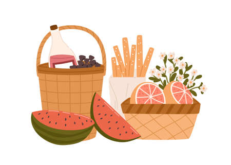 Composition of picnic baskets with delicious meals and snacks for outdoor romantic dinner bottle of wine, breadsticks and fruits. Colorful flat vector illustration isolated on white backgroundのイラスト素材