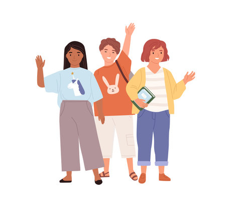 Schoolchildren waving hands and saying hi or bye to school. Diverse kids standing together. Boy and girls smiling and greeting pupils. Colored flat vector illustration isolated on white backgroundのイラスト素材