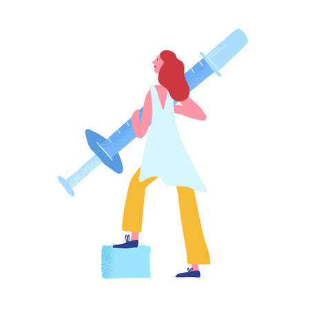 Woman holding injection syringe with drug or vaccine. Concept of breakthrough and achievement of medical science in virus and infection treatment. Flat vector illustration isolated on white backgroundのイラスト素材