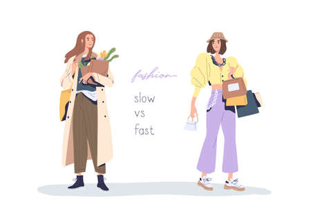 Slow vs fast fashion movement against overconsumption and low-quality mass market. Social phenomenon of eco-conscious consumption and shopping. Flat vector illustration isolated on white background.のイラスト素材