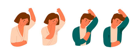 Wet armpits flat vector illustration. Smelly and sweaty stains on male and female clothes isolated on white background. Hygiene and body care concept. Sweat spots prevention, hyperhidrosis peopleのイラスト素材