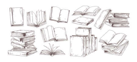 Books hand drawn illustrations set. Open diary, library textbook with empty pages isolated on white background. Closed notebooks stack, planners pile with blank hardback cover. Literature readingのイラスト素材