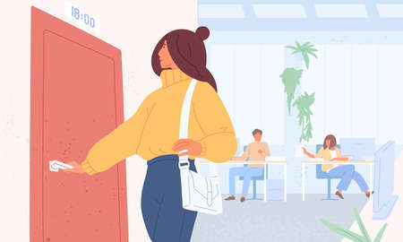 Worker leaving work on time flat vector illustration. Woman character opening door. Girl at office going to interview, appointment in time. Female employee finishing working day conceptのイラスト素材