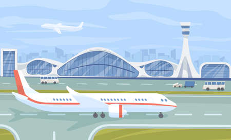 Airport terminal flat vector illustration. Aviation industry, airline company facilities. Airplane on airfield runway color composition. Plane, buses near airport building. Air transport, aircraftのイラスト素材