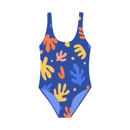 Female one-piece swimsuit. Modern blue swimwear with bright multicolor pattern. Women swimming clothes. Flat colorful vector illustration isolated on white backgroundのイラスト素材
