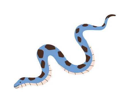 Cute crawling snake isolated on white background. Funny kids reptile character. Smiling blue-colored python with black spots. Childish colorful flat vector illustrationのイラスト素材