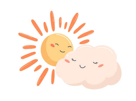 Cute glowing sun and smiling cloud characters with happy face expressions. Partly sunny weather icon. Childish colorful flat vector illustration isolated on white backgroundのイラスト素材