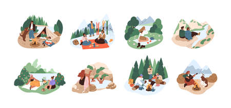 People resting in nature on adventure holidays. Set of families and friends relaxing outdoors. Colored flat cartoon vector illustration of winter and summer travelings isolated on white backgroundのイラスト素材