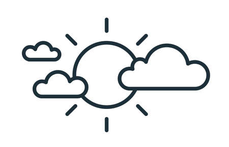 Simple icon in line art style with sun and clouds. Partly sunny weather forecast. Linear flat vector illustration isolated on white backgroundのイラスト素材