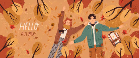 Hello autumn flat banner vector template. Postcard layout with couple lying on ground top view. Fall...