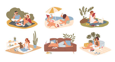 Hot summer outdoor and indoor recreation flat vector illustration set. Couple having picnic in park, sunbathing on sand beach. Man reading book at home. People refreshing from heat characters packのイラスト素材