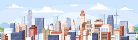 Panoramic view of modern buildings, skyscrapers, towers in business city block. Horizontal cityscape of financial center or downtown on summer day. Colored flat cartoon vector illustrationのイラスト素材