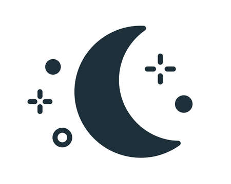 Simple weather icon with half moon or waning crescent with stars in clear sky. Symbol of night time...