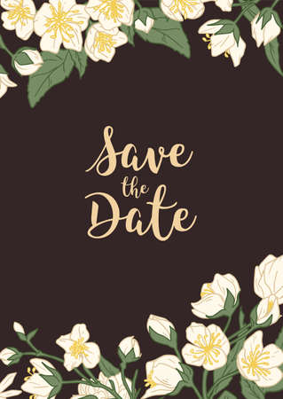 Design of wedding invitation with floral decoration on dark background. Vertical inviting card with gentle flowers of white jasmine. Save the date inscription. Hand-drawn colored vector illustrationのイラスト素材