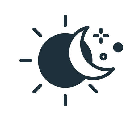 Simple icon in line art style with sun, half-moon and stars. Change of day and night concept. Linear flat vector illustration isolated on white backgroundのイラスト素材