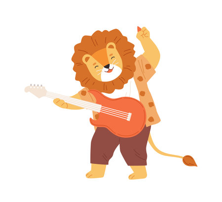 Cute smiling lion playing electric guitar. Happy animal musician performing music on musical instrument. Funny kids character. Colored flat vector illustration isolated on white backgroundのイラスト素材