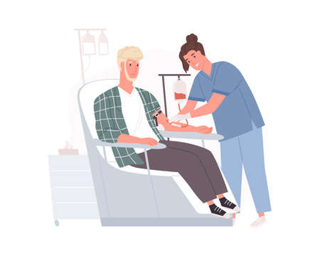 Doctor collecting blood from volunteer sitting in chair in modern medical center. Donor during donating procedure in hospital. Colored flat cartoon vector illustration isolated on white backgroundのイラスト素材