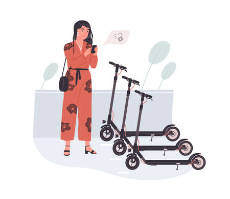Young modern woman with mobile phone using electric scooter sharing service. Urban e-scooter rental. Colored flat vector illustration isolated on white backgroundのイラスト素材