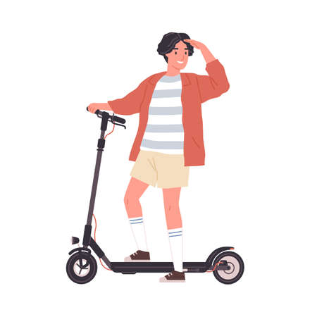 Modern boy riding electric walk scooter. Happy active teenager driving eco urban transport. Colored flat vector illustration isolated on white backgroundのイラスト素材
