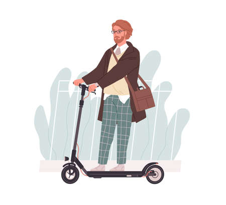 Profile of young man riding electric walk scooter. Active hipster driving eco urban transport. Modern guy on e-scooter. Colored flat vector illustration isolated on white backgroundのイラスト素材