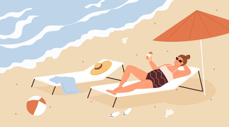 Mature woman relaxing and chilling on sandy beach at seaside resort on summer vacation. Female character lying on chaise lounge under umbrella and drinking cocktail. Colored flat vector illustrationのイラスト素材