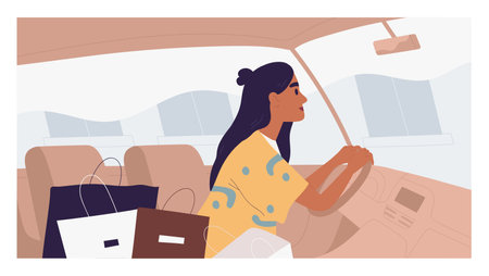 Young dark-skinned woman driving car with pile of shopping bags. Happy beautiful lady inside auto with purchases from sale in clothing store. Colored flat vector illustration of female driverのイラスト素材