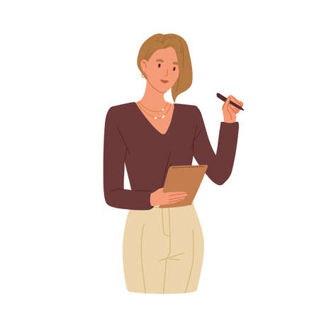 Young smiling woman taking notes. Secretary writing down tasks in notepad. Colored flat vector illustration of businesswoman with planner and pen isolated on white backgroundのイラスト素材