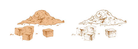 Colored heap of brown sugar and outlined sketch of scattered powder and cubes of sugarcane granules. Contoured hand-drawn vector illustration isolated on white backgroundのイラスト素材