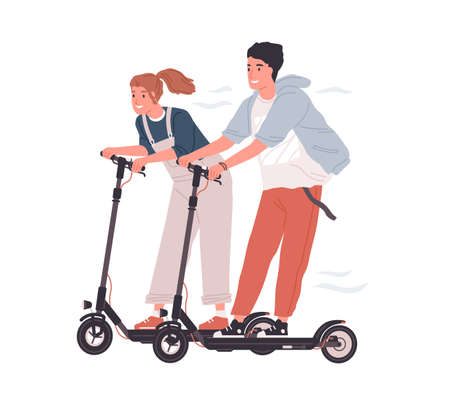 Couple of happy teenagers riding electric walk scooters at full speed. Two funny friends driving e-scooters together. Colored flat vector illustration isolated on white backgroundのイラスト素材