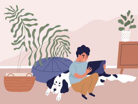 Boy using tablet PC and surfing internet at home. Happy kid sitting on floor in room, holding gadget, looking at screen and playing online games. Colored flat vector illustrationのイラスト素材