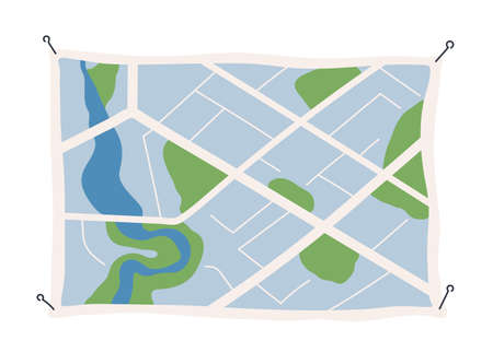 Generic city map with signs of streets, roads and parks. Abstract navigation plan of small urban area. Simple scheme on paper with pins. Colored flat vector illustration isolated on white backgroundのイラスト素材