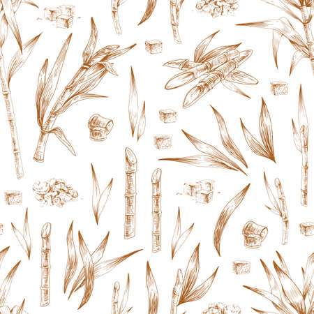 Seamless pattern with heaps and loaves of brown sugar, cane leaves and branches. Endless repeatable texture with sugarcane. Hand-drawn monochrome vector illustration on white backgroundのイラスト素材