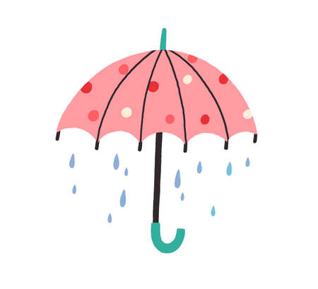 Cute umbrella with falling rain drops in doodle style. Kids colored flat vector illustration with raindrops isolated on white backgroundのイラスト素材