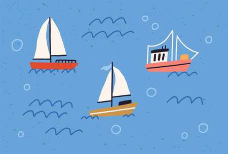 Cute yachts, boats and ships with sails floating in sea or ocean. Baby sailboats in water. Colored...