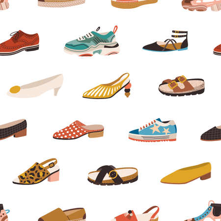 Seamless pattern with different types of modern trendy women footwear on white background. Endless texture with fashionable and stylish shoes for printing. Colored flat vector illustrationのイラスト素材