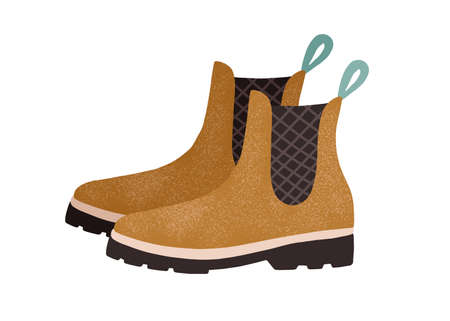 Trendy womens ankle-length chelsea boots with flat sole, loop and elastic fabric tab. Side view of...