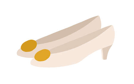 Womens cone-heeled shoes with cone heel. Fashion trendy footwear decorated with big golden brooch. Colored flat vector illustration of modern pair isolated on white backgroundのイラスト素材