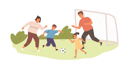 Happy active family playing football or soccer outdoors. Kids and parents spending time together in summer. Colored flat vector illustration of sports game isolated on white backgroundのイラスト素材
