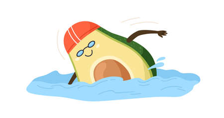 Cute and funny avocado half swimming. Happy comic fruit doing sport and exercising in pool. Colored...