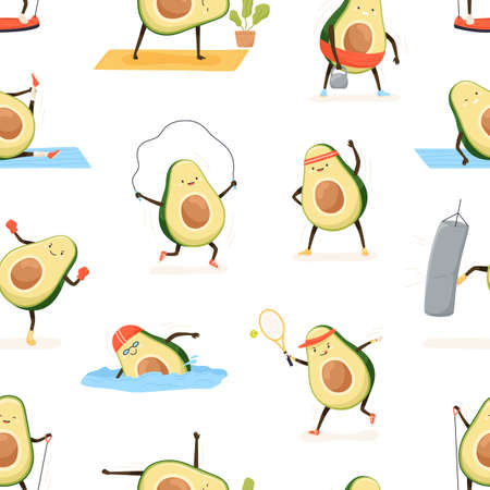 Seamless pattern with cute and funny avocado exercising on white background. Endless repeatable cartoon texture with happy strong fruit during workout. Colored flat vector illustration for printingのイラスト素材