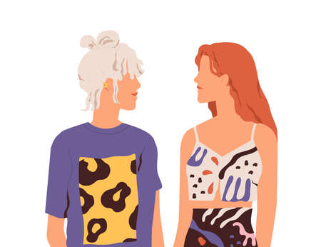 Romantic LGBT couple of two young enamored women standing together and looking at each other. Homosexual love partners. Colored flat vector illustration of girlfriends isolated on white backgroundのイラスト素材