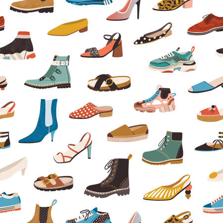 Seamless pattern with various types of modern trendy women footwear on white background. Endless...