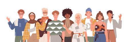Multicultural group of diverse people waving, saying hi and welcoming. Portrait of multi-ethnic men and women standing together. Colored flat cartoon vector illustration isolated on white backgroundのイラスト素材